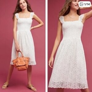 Anthropologie Women's Maeve Anastasi Smocked Lace‎ Fit & Flare Dress Size Small
